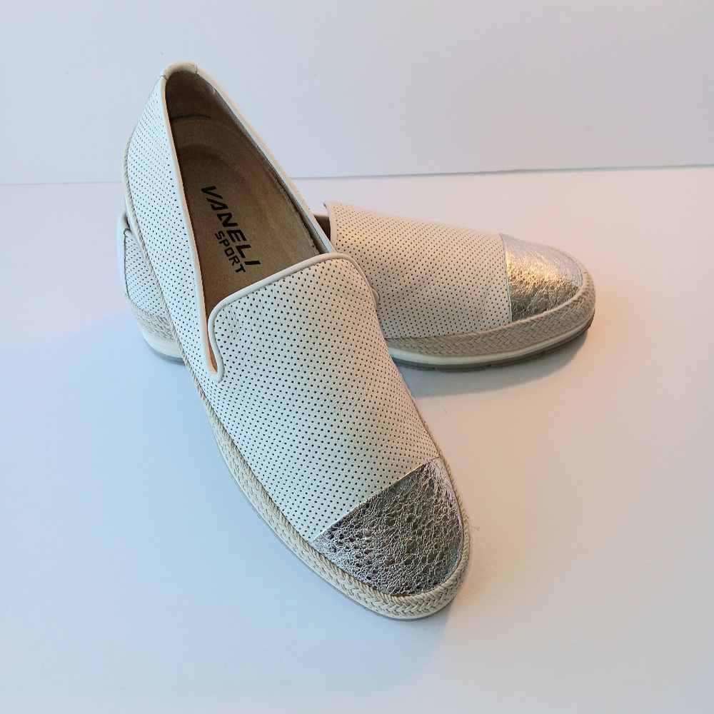Vaneli Qalila White slip-on loafers with Silver Toe accent